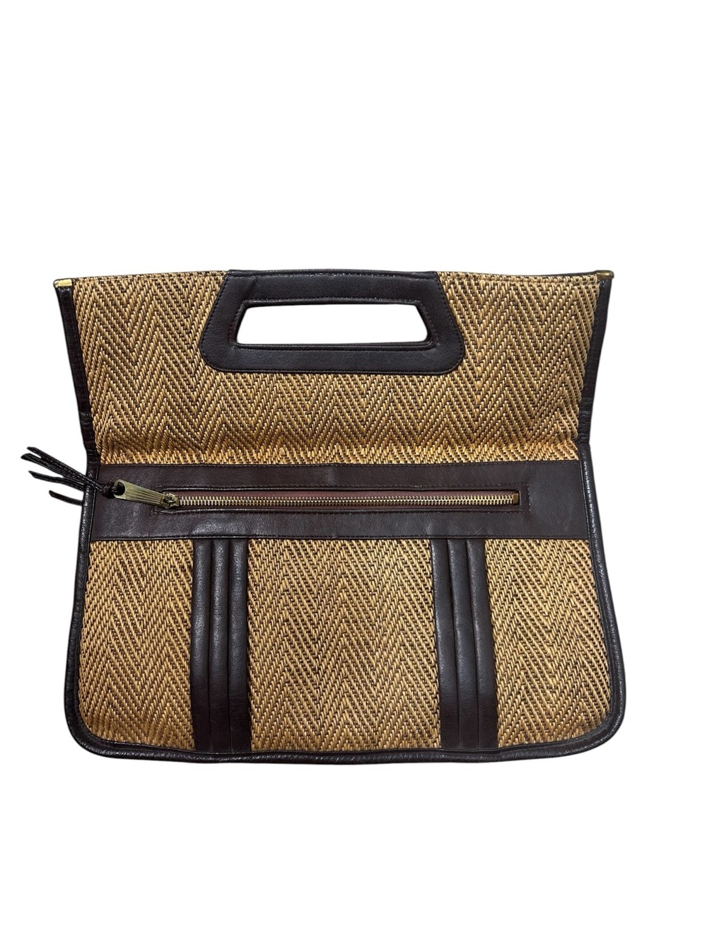 Vintage Woven Raffia Brown Trim Cutout Handle Clutch Coastal Resort Chic - Picture 3 of 6